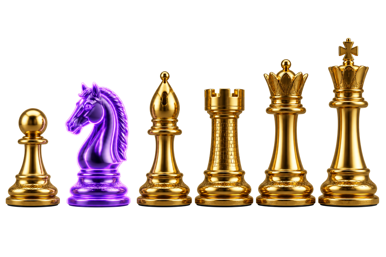Six chess pieces — pawn, knight, bishop, rook, queen, king